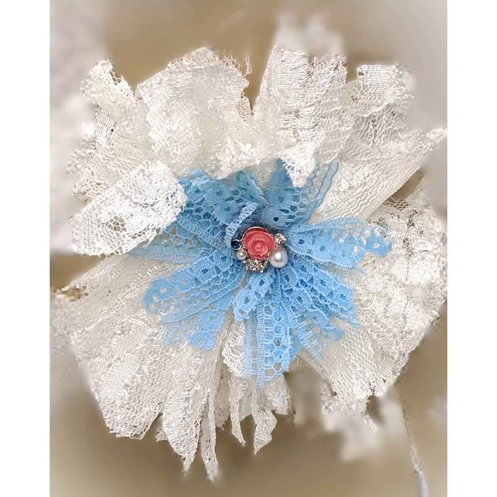 Vintage White Lace Flower Brooch Handmade Blue Pink Upcycled Jeweled Accent NEW